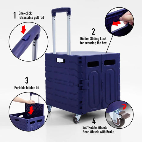 Grab And Go Foldable Utility Cart With Lid On Wheels featuring retractable handle, sliding lock, portable lid, and 360° wheels
