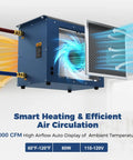 Top Shelf Hydronic Hanging Heater Featuring One Hundred Thousand Btu Hot Water Radiance Built Tough To Crush Cold Drafts While Banking Real Cash Savings For Your Garage Shop Or Warehouse Floor showing air circulation and heating features.