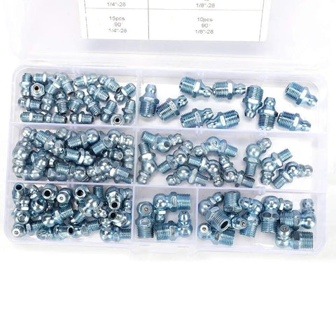 80 Pack Hydraulic Zerk Grease Fitting Assortment Kit With One Eighth And One Quarter Inch Straight And Angle Nozzles in case