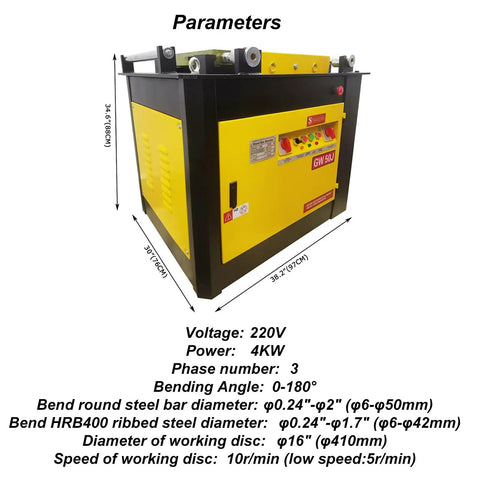 Heavy Duty 4000W Electric Rebar Bender Machine For Steel Ties Up To Two Inches Angle showing control panel and dimensions
