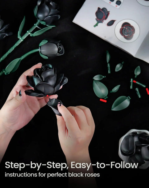 Dope Black Rose Bouquet Building Set For Adults Gothic Vintage Flower Kit To Craft A Realistic Dark Rose Centerpiece Perfect Valentines Gift For Her Girlfriend Mom Wife Home Office Decor, hands assembling black ABS plastic rose