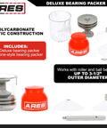 ARES 54036 bearing packing kit: two-piece deluxe and standard with red cap, clear plastic chamber, cone-style packer