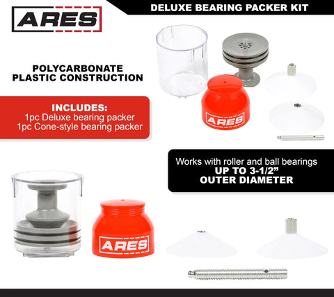ARES 54036 bearing packing kit: two-piece deluxe and standard with red cap, clear plastic chamber, cone-style packer