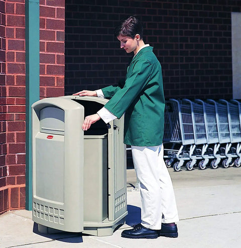 Person using Heavy-Duty 35 Gallon Square Trash Can For Offices, Mailrooms, Classrooms And High-Traffic Areas Gray Waste Container outdoors