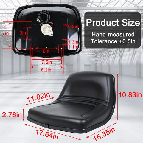 Universal Forklift Seat With Reinforced Steel Backrest And Built In Safety Micro Switch Engineered For Heavy Rig Work dimensions with measurements.
