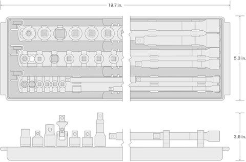 Diagram of a 27 Piece Drive Extension And Accessory Set With Rails And Tray For One Quarter Inch, Three Eighth Inch And One Half Inch Drive Tools.