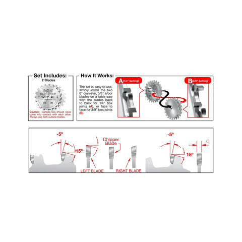 Diagram showing 8 Inch Box Joint Cutter Set With Hi Density Carbide Blades settings for 1/4 and 3/8 inch grooves on a table saw.