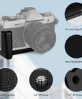 OM System OM 3 Hand Grip Camera Bracket with Arca-Swiss Interface and textured leather, showing grip details and screw components.