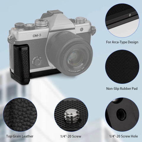 OM System OM 3 Hand Grip Camera Bracket with Arca-Swiss Interface and textured leather, showing grip details and screw components.