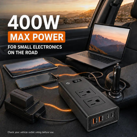 Heavy Duty 400W Car Power Inverter 12V DC To 110V AC For Tesla And EVs Straight Plug In Accessory Adaptor in vehicle with devices.