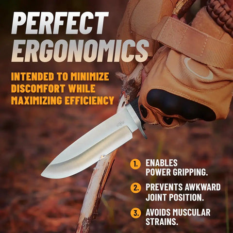 Rugged Fixed Blade Survival Knife With Sheath For Camping, Hunting, And Bushcraft, ergonomic grip detail in use outdoors.