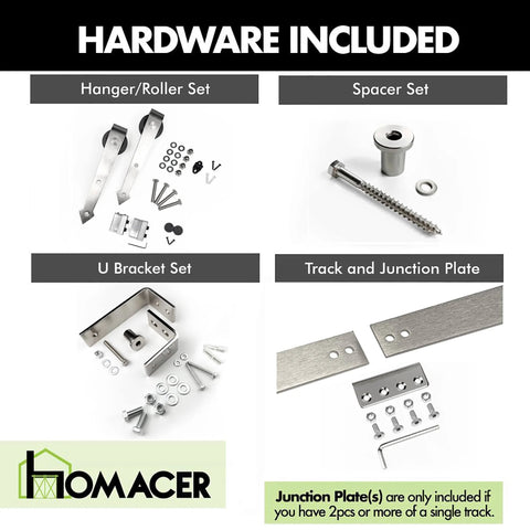 Brushed Nickel Double Track Bypass Sliding Barn Door Hardware Kit For Two Doors 6.6ft Flat Track U Shape With Arrow Rollers parts included