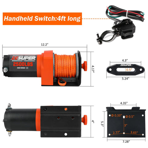 Heavy Duty 2500 lb Electric Winch 12V DC With 30ft Synthetic Rope For UTV ATV Boat Recovery Kit Quick Mount Plate And Hardware 153 To 1 Gear Ratio High Efficiency Easy Install Emergency Extrication Ready, 12.2in size