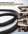 Go-To All In One Dust Collection Hose Kit With 10 Ft Hose, 1 In And 1.5 In Fittings, shown connected to power tools and vacuums