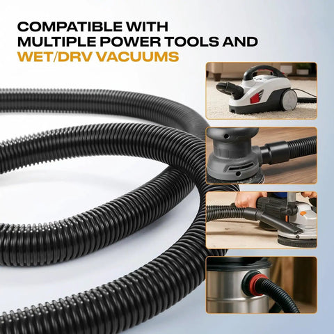 Go-To All In One Dust Collection Hose Kit With 10 Ft Hose, 1 In And 1.5 In Fittings, shown connected to power tools and vacuums