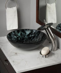 Bathroom with Tartaruga Dope Round Glass Vessel Sink Hand Painted Black And Silver Tempered Glass For Above Counter Installation