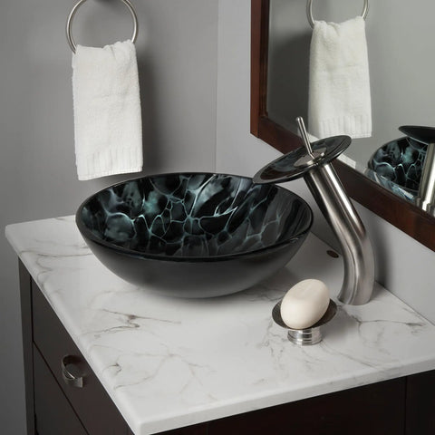 Bathroom with Tartaruga Dope Round Glass Vessel Sink Hand Painted Black And Silver Tempered Glass For Above Counter Installation