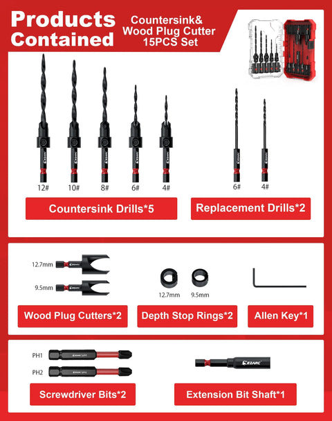 EZARC countersink drill bit set, 15 pcs with 2 wood plug cutters, 1/4 in hex shank, storage box