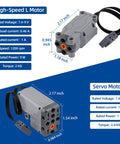 14 In 1 Power Function Motor Kit For Technic Style Builds With L Motors And Servo, product image showing L and servo motor with specs