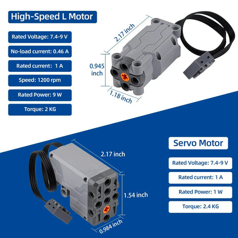 14 In 1 Power Function Motor Kit For Technic Style Builds With L Motors And Servo, product image showing L and servo motor with specs