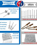 Comparison of 600 Pieces Stainless Steel Pop Rivet Kit Pro Grade With Washers In 9 SAE Rivet Sizes And 3 Washer Sizes, labeled organized box vs others.
