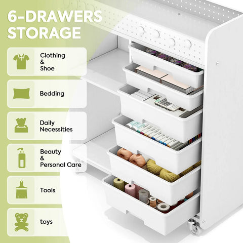 Rolling Storage Cart With Top Pegboard And Six Drawers Mobile Utility Cart On Wheels With Locking Brakes Craft Organizer