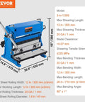 Blue Vevor 12-inch 3-in-1 Sheet Metal Shear Brake Roll Machine with specifications for home shop DIY use, 20 gauge capacity