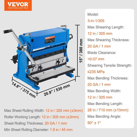 Blue Vevor 12-inch 3-in-1 Sheet Metal Shear Brake Roll Machine with specifications for home shop DIY use, 20 gauge capacity