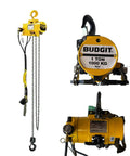 Yellow Budgit 1 Ton heavy-duty air hoist with steel chains; front, side, and installed views.
