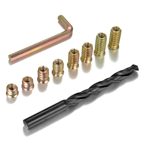 160 Pieces Heavy Duty Threaded Inserts For Wood Furniture Restoration includes hex wrench, drill, and multiple sizes of steel inserts.