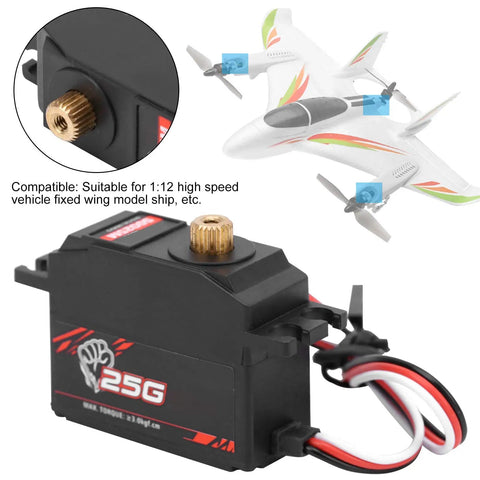 Rock Solid Digital Servo With 25 Gram Metal Gear For 1/12 RC Cars And Boats, showing metal gear and connector for RC models.