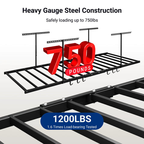 Overhead Garage Storage Rack With 6 Hooks Heavy Duty Metal Ceiling Mount Adjustable Drop Down From 22.6 To 39.4 Inches Black Lite Series