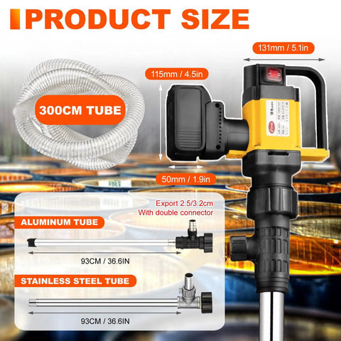 Handheld Cordless Oil Pump With 2 Batteries And 100W Motor For Liquid Transfer Adjustable Speed Up To 7M Lift, 300cm tube and dimensions.