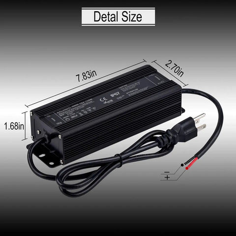 Beefy 120W 12V DC LED Power Supply With IP67 Waterproof Rating Auto Short Circuit And Overload Protection, with dimensions shown