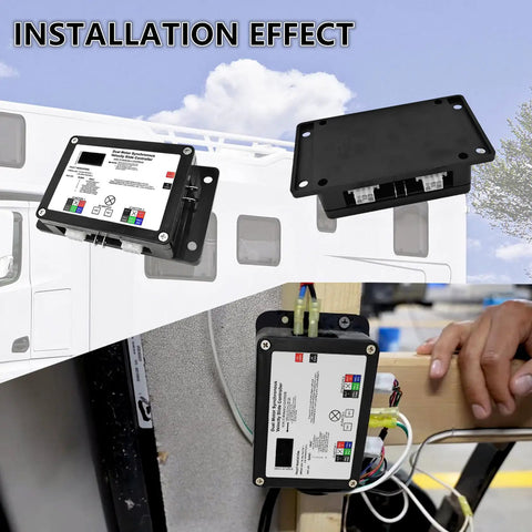 Upgraded 13398-DO Dual Synchronous Slide-Out Controller installed in RV, showing easy plug-and-play setup, replacing 13398-C2.