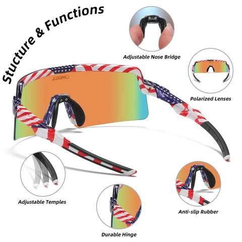 Polarized Sports Sunglasses for Cycling and MTB Riding with UV400 Protection, USA flag frame, adjustable features, blue lens