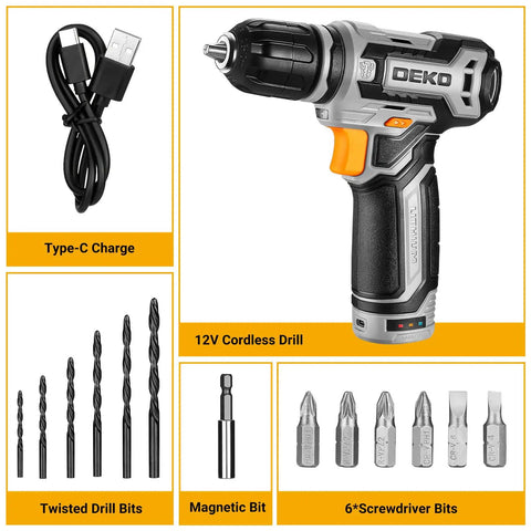 12V Cordless Drill Kit With LED Light, Handy DIY Power Drill For Wood And Plastic, Compact And Lightweight, with accessories and Type-C charge