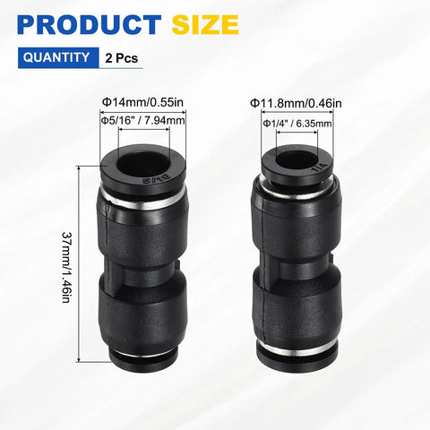 Two Pack Push To Connect Pneumatic Fittings 1/4 In To 5/16 In Tube OD Plastic Reducer Union Straight Fittings, black, size details