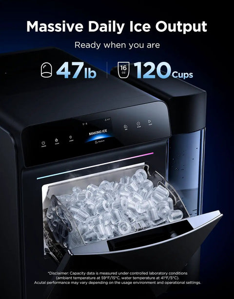 Real Talk Smart Countertop Ice Maker Cranks Out Fresh Ice In Three Minutes, showcasing 47 lb daily ice output with display.