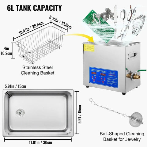 Heavy Duty Ultrasonic Cleaner With Built In Heater And Digital Timer 6.5L Stainless Steel Bath with cleaning basket and tank measurements