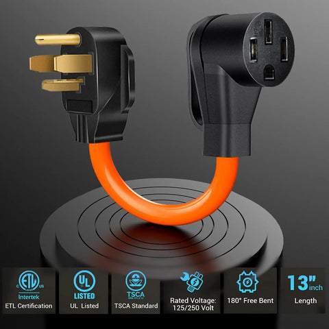 Nema 14 30P To 14 50R EV Charger Adapter Cord Total Breeze dryer to electric vehicle converter, 13-inch orange flexible cord.