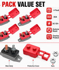 4 Pack 30amp Automatic Reset Circuit Breaker With Cover Dc 12V To 24V Resettable Overload Protector showing red protective covers and connectors.