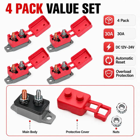 4 Pack 30amp Automatic Reset Circuit Breaker With Cover Dc 12V To 24V Resettable Overload Protector showing red protective covers and connectors.