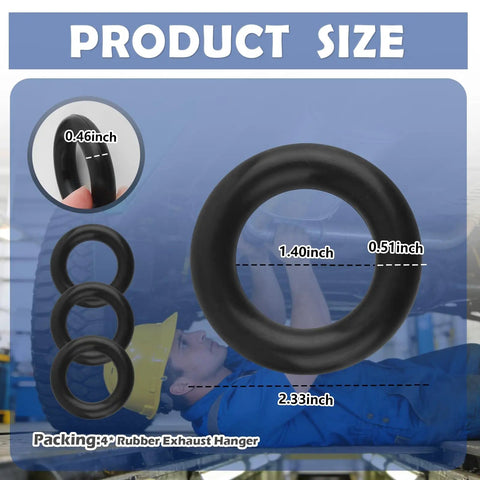 4 Pack Heavy Duty Rubber Exhaust Hangers O Rings Muffler Supports with size dimensions for cars