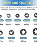Ultimate 630Pcs Quick Lock Internal Tooth Star Washers Set, 9 Sizes M2-M12, 65Mn Steel Black Oxide, labeled with quantities
