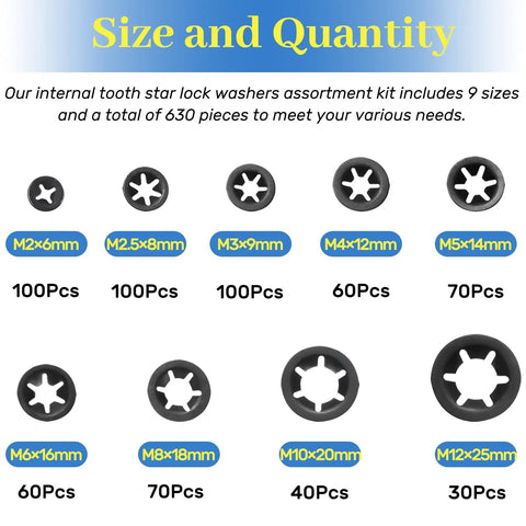 Ultimate 630Pcs Quick Lock Internal Tooth Star Washers Set, 9 Sizes M2-M12, 65Mn Steel Black Oxide, labeled with quantities