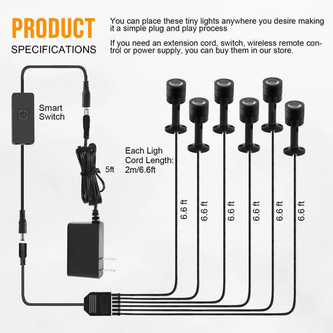 Versatile LED Indoor Spotlight Kit For Display Shelves Artwork Plants Jewelry And Cabinets with smart switch and cords
