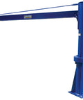 Shop Ready Transportable Jib Crane Built Like Armor Featuring Smooth 360 Swivel Action And No Sweat Manual Braking For Heavy Loads Across Multiple Job Sites, blue steel structure with I beam.
