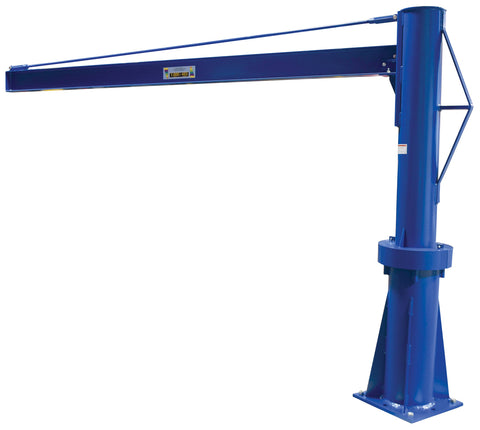 Shop Ready Transportable Jib Crane Built Like Armor Featuring Smooth 360 Swivel Action And No Sweat Manual Braking For Heavy Loads Across Multiple Job Sites, blue steel structure with I beam.