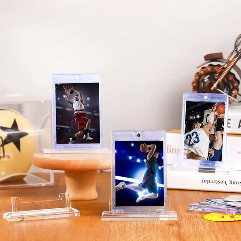4 Pack Magnetic Card Holder Base For Trading Cards Display Stand Protector Case Base with basketball cards on desk